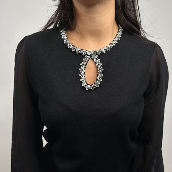 Adrianna Papell Black Crew Neck Keyhole Rhinestone Blouse - Picture 5 of 11